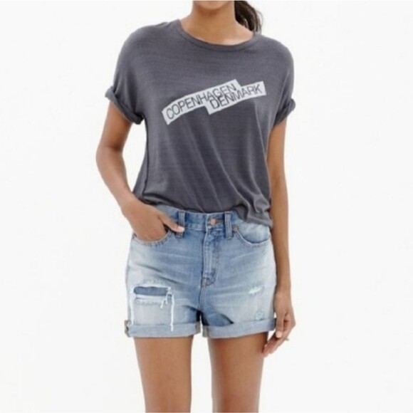 Madewell Denim Boyshorts Rip Repair Edition High Waisted Rise Shorts Raw hem